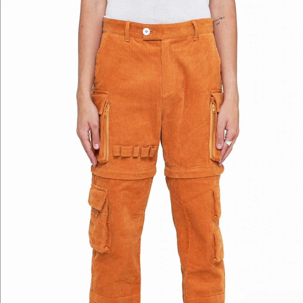 Designer Y T G Apricot Brown Corduroy Utility Tech Pants. Street style
